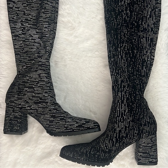 Sparkly Velvet Pointed Toe Thigh High Over the Knee Lugged Boot - Picture 6 of 12